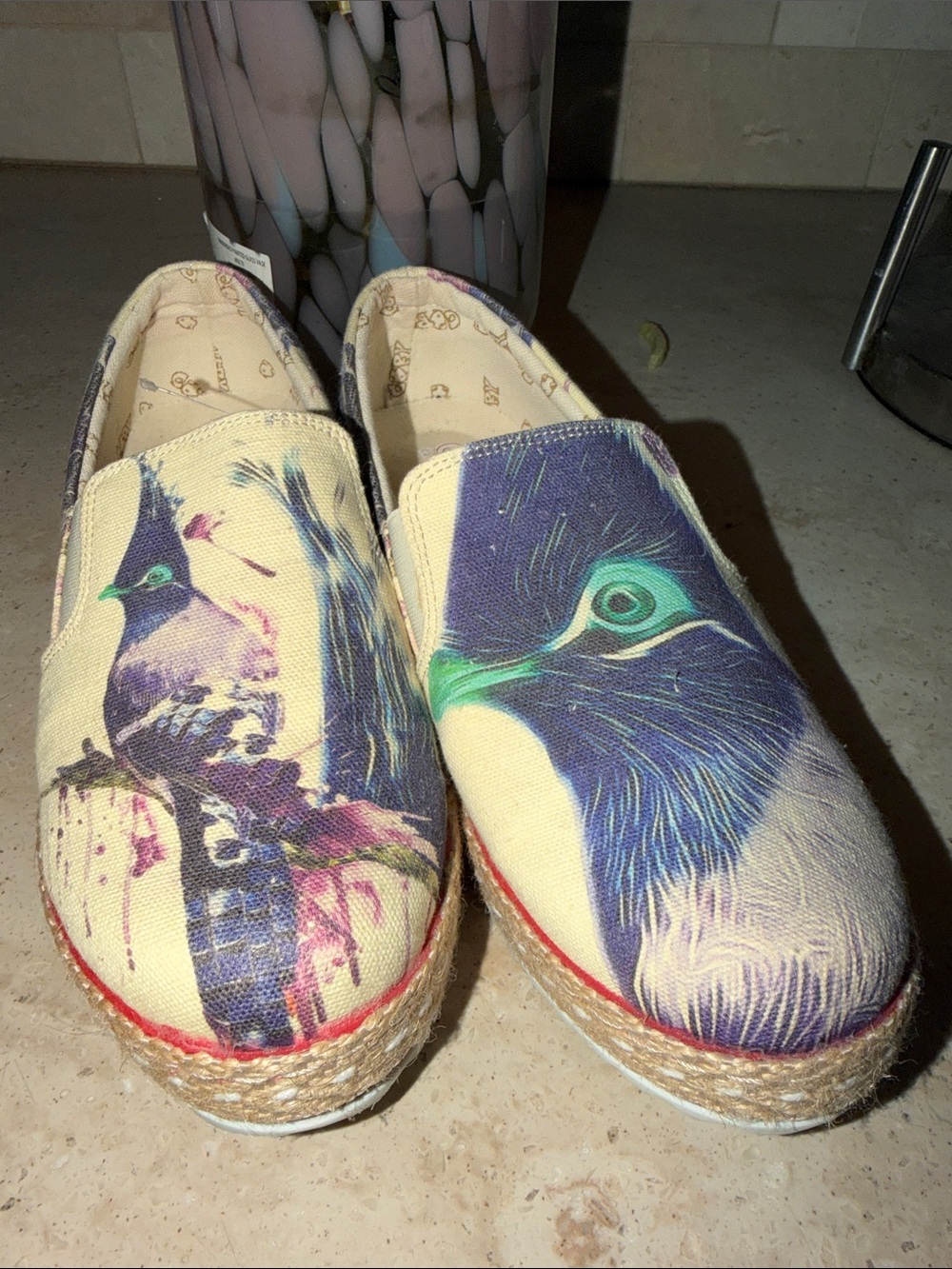 GOBY ~ Canvas Slip-On Espadrilles with Peacock Print - Cream/Blue NWOT $75 Rare